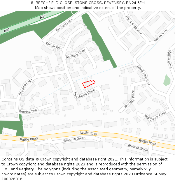 8, BEECHFIELD CLOSE, STONE CROSS, PEVENSEY, BN24 5FH: Location map and indicative extent of plot