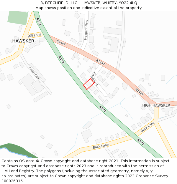 8, BEECHFIELD, HIGH HAWSKER, WHITBY, YO22 4LQ: Location map and indicative extent of plot