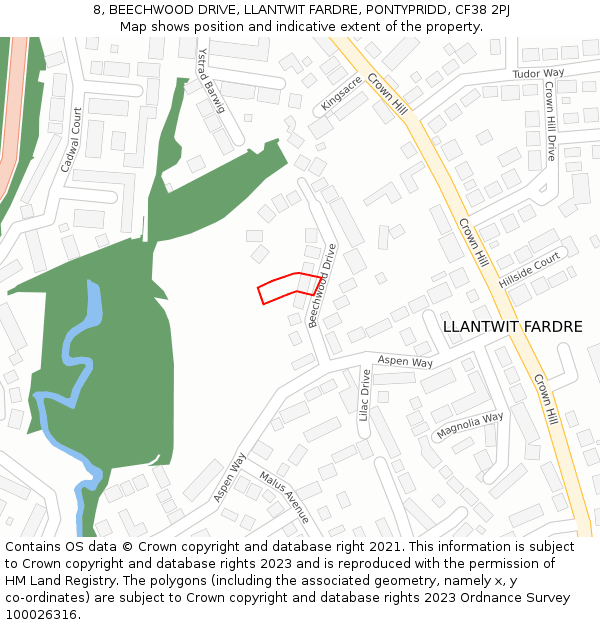 8, BEECHWOOD DRIVE, LLANTWIT FARDRE, PONTYPRIDD, CF38 2PJ: Location map and indicative extent of plot