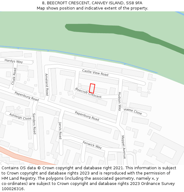 8, BEECROFT CRESCENT, CANVEY ISLAND, SS8 9FA: Location map and indicative extent of plot