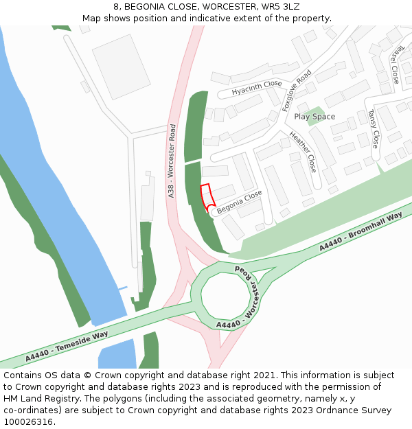 8, BEGONIA CLOSE, WORCESTER, WR5 3LZ: Location map and indicative extent of plot