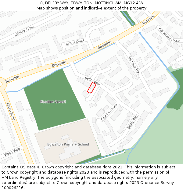 8, BELFRY WAY, EDWALTON, NOTTINGHAM, NG12 4FA: Location map and indicative extent of plot