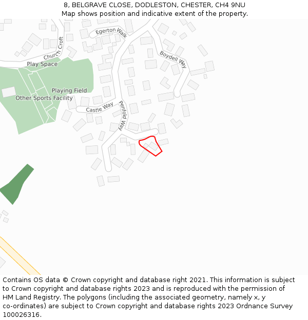 8, BELGRAVE CLOSE, DODLESTON, CHESTER, CH4 9NU: Location map and indicative extent of plot