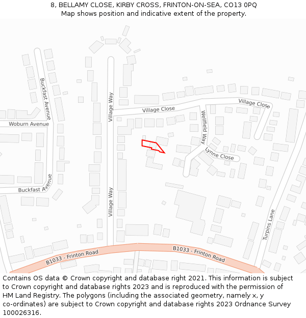 8, BELLAMY CLOSE, KIRBY CROSS, FRINTON-ON-SEA, CO13 0PQ: Location map and indicative extent of plot