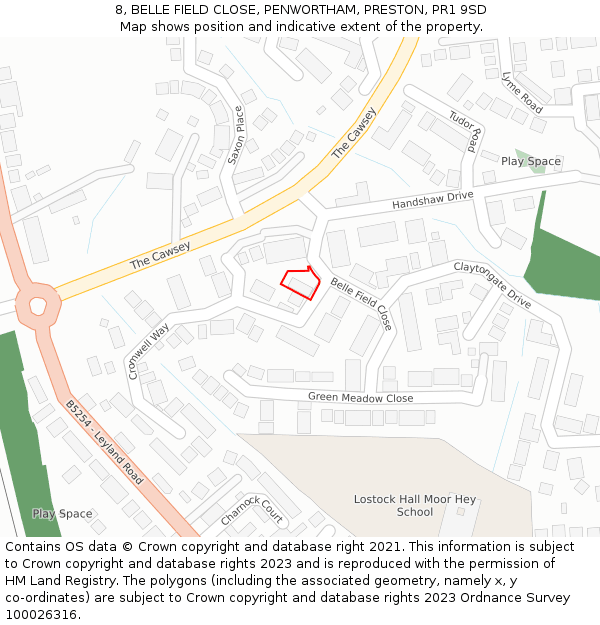8, BELLE FIELD CLOSE, PENWORTHAM, PRESTON, PR1 9SD: Location map and indicative extent of plot