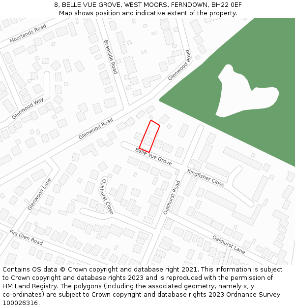 8, BELLE VUE GROVE, WEST MOORS, FERNDOWN, BH22 0EF: Location map and indicative extent of plot