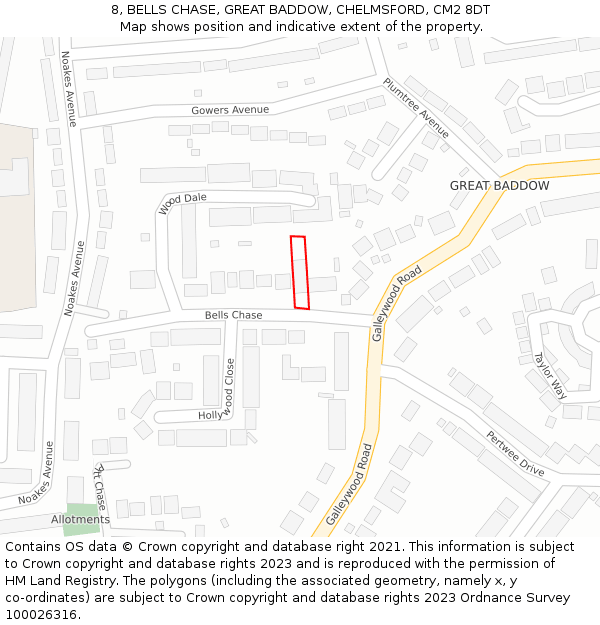 8, BELLS CHASE, GREAT BADDOW, CHELMSFORD, CM2 8DT: Location map and indicative extent of plot