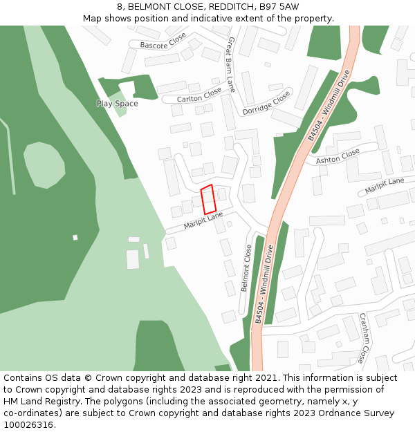 8, BELMONT CLOSE, REDDITCH, B97 5AW: Location map and indicative extent of plot