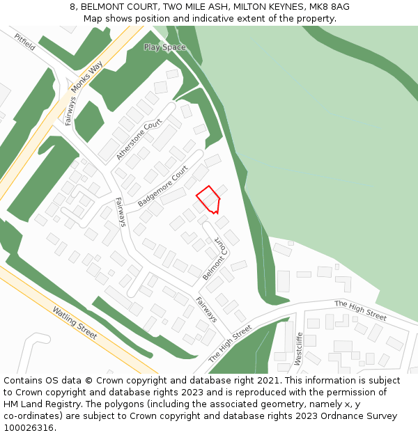 8, BELMONT COURT, TWO MILE ASH, MILTON KEYNES, MK8 8AG: Location map and indicative extent of plot