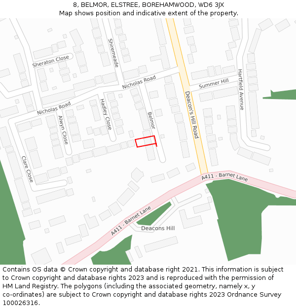 8, BELMOR, ELSTREE, BOREHAMWOOD, WD6 3JX: Location map and indicative extent of plot