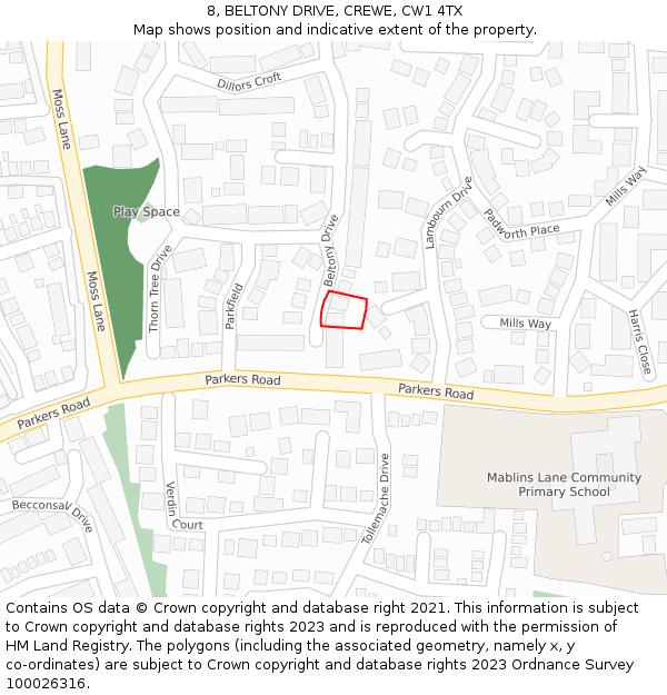 8, BELTONY DRIVE, CREWE, CW1 4TX: Location map and indicative extent of plot