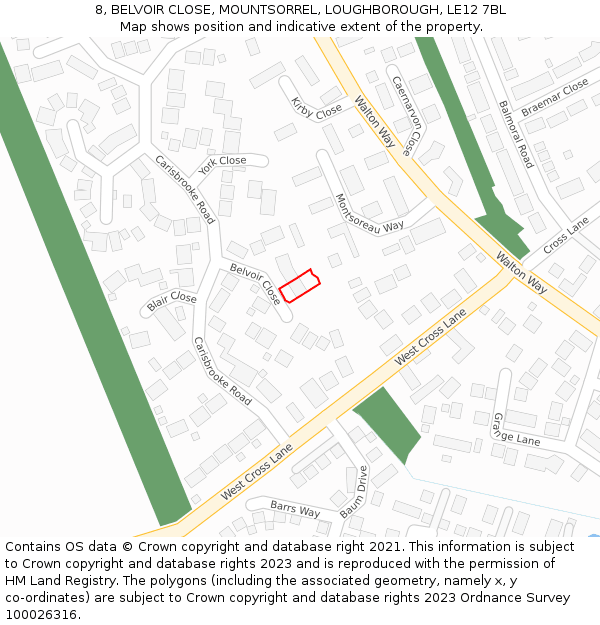 8, BELVOIR CLOSE, MOUNTSORREL, LOUGHBOROUGH, LE12 7BL: Location map and indicative extent of plot