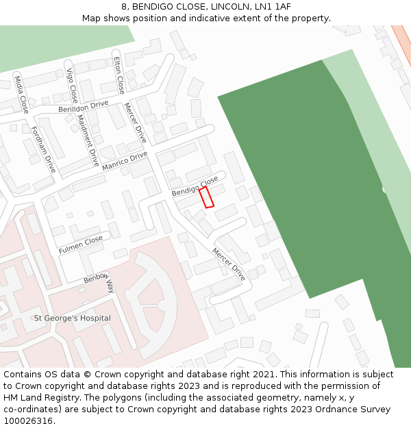 8, BENDIGO CLOSE, LINCOLN, LN1 1AF: Location map and indicative extent of plot