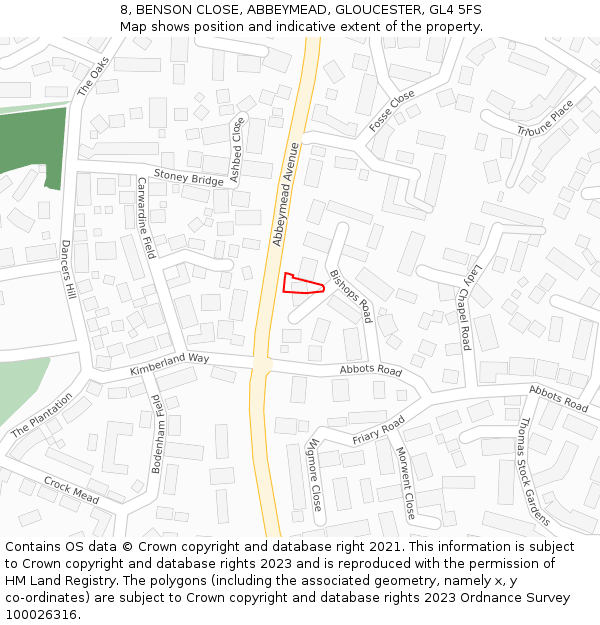 8, BENSON CLOSE, ABBEYMEAD, GLOUCESTER, GL4 5FS: Location map and indicative extent of plot