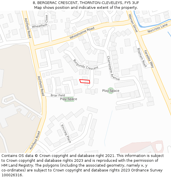 8, BERGERAC CRESCENT, THORNTON-CLEVELEYS, FY5 3UF: Location map and indicative extent of plot