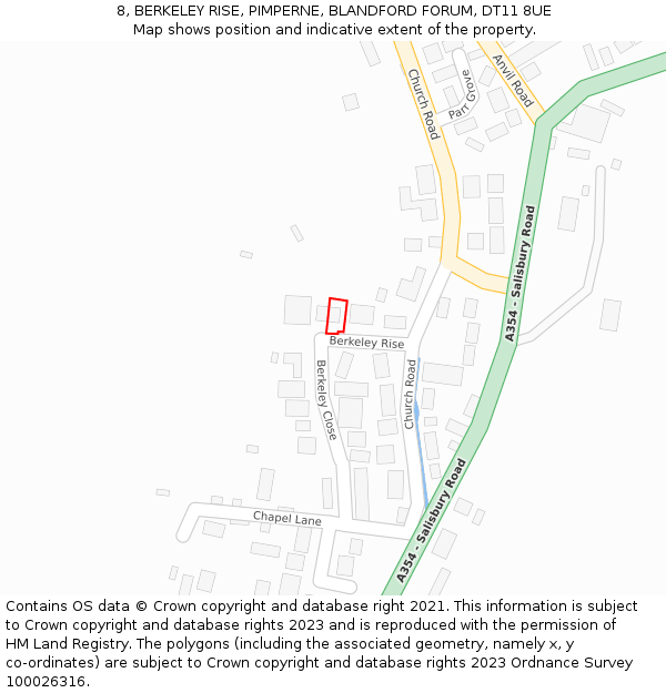 8, BERKELEY RISE, PIMPERNE, BLANDFORD FORUM, DT11 8UE: Location map and indicative extent of plot
