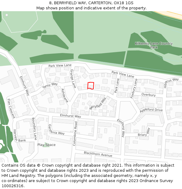 8, BERRYFIELD WAY, CARTERTON, OX18 1GS: Location map and indicative extent of plot