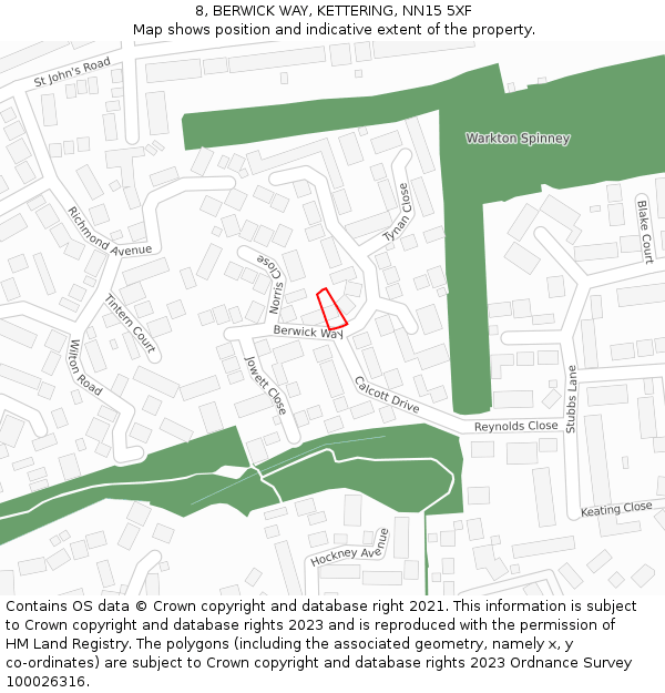 8, BERWICK WAY, KETTERING, NN15 5XF: Location map and indicative extent of plot
