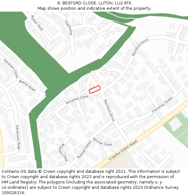 8, BESFORD CLOSE, LUTON, LU2 8TX: Location map and indicative extent of plot