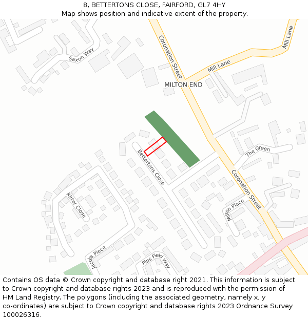 8, BETTERTONS CLOSE, FAIRFORD, GL7 4HY: Location map and indicative extent of plot