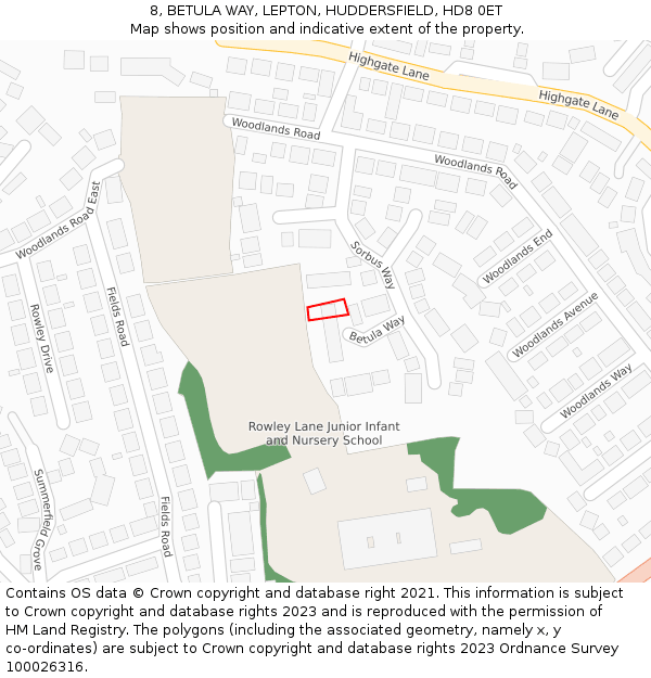 8, BETULA WAY, LEPTON, HUDDERSFIELD, HD8 0ET: Location map and indicative extent of plot