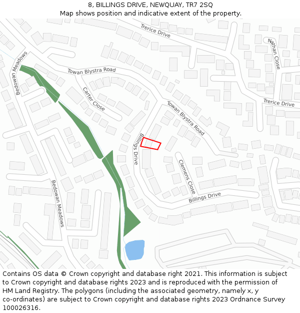 8, BILLINGS DRIVE, NEWQUAY, TR7 2SQ: Location map and indicative extent of plot