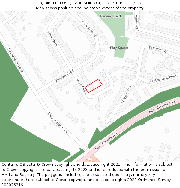 8, BIRCH CLOSE, EARL SHILTON, LEICESTER, LE9 7HD: Location map and indicative extent of plot