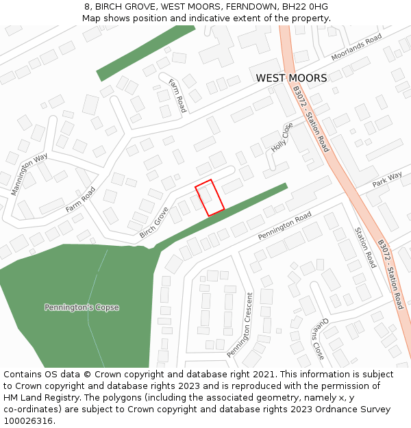8, BIRCH GROVE, WEST MOORS, FERNDOWN, BH22 0HG: Location map and indicative extent of plot