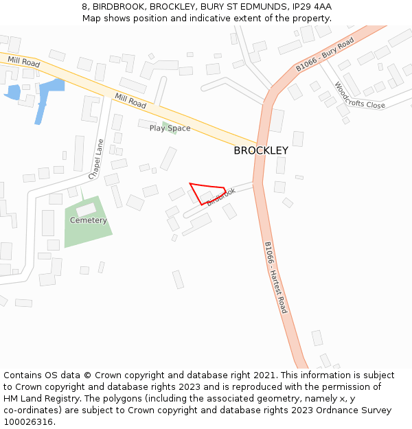 8, BIRDBROOK, BROCKLEY, BURY ST EDMUNDS, IP29 4AA: Location map and indicative extent of plot