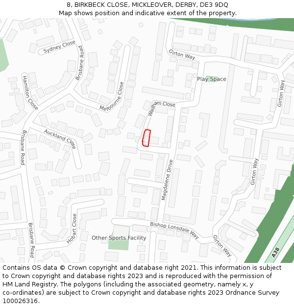 8, BIRKBECK CLOSE, MICKLEOVER, DERBY, DE3 9DQ: Location map and indicative extent of plot