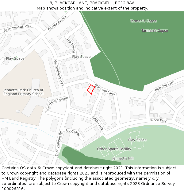 8, BLACKCAP LANE, BRACKNELL, RG12 8AA: Location map and indicative extent of plot