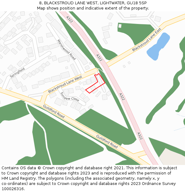 8, BLACKSTROUD LANE WEST, LIGHTWATER, GU18 5SP: Location map and indicative extent of plot