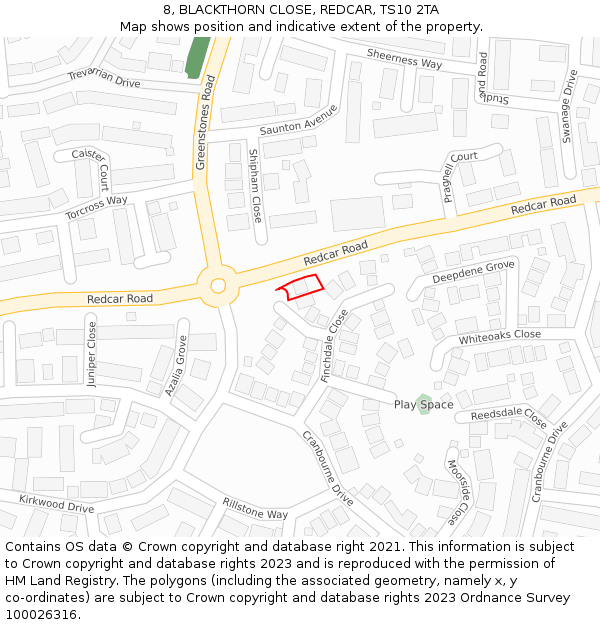 8, BLACKTHORN CLOSE, REDCAR, TS10 2TA: Location map and indicative extent of plot