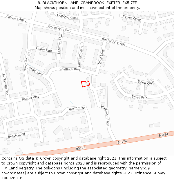 8, BLACKTHORN LANE, CRANBROOK, EXETER, EX5 7FF: Location map and indicative extent of plot