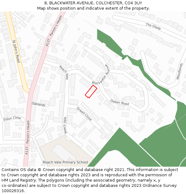 8, BLACKWATER AVENUE, COLCHESTER, CO4 3UY: Location map and indicative extent of plot