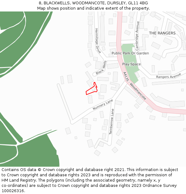 8, BLACKWELLS, WOODMANCOTE, DURSLEY, GL11 4BG: Location map and indicative extent of plot