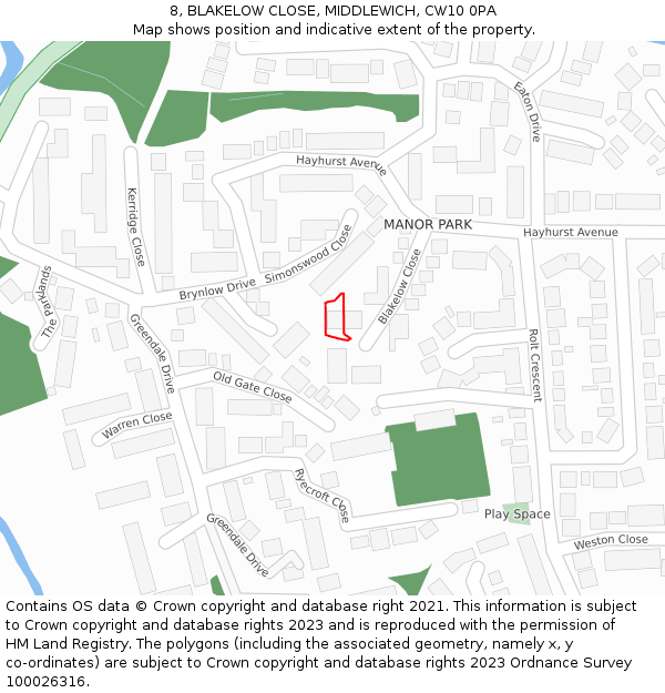 8, BLAKELOW CLOSE, MIDDLEWICH, CW10 0PA: Location map and indicative extent of plot
