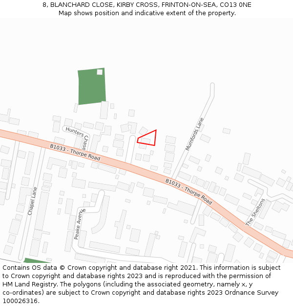 8, BLANCHARD CLOSE, KIRBY CROSS, FRINTON-ON-SEA, CO13 0NE: Location map and indicative extent of plot