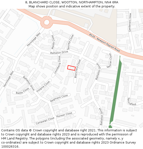 8, BLANCHARD CLOSE, WOOTTON, NORTHAMPTON, NN4 6RA: Location map and indicative extent of plot