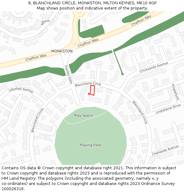 8, BLANCHLAND CIRCLE, MONKSTON, MILTON KEYNES, MK10 9GP: Location map and indicative extent of plot