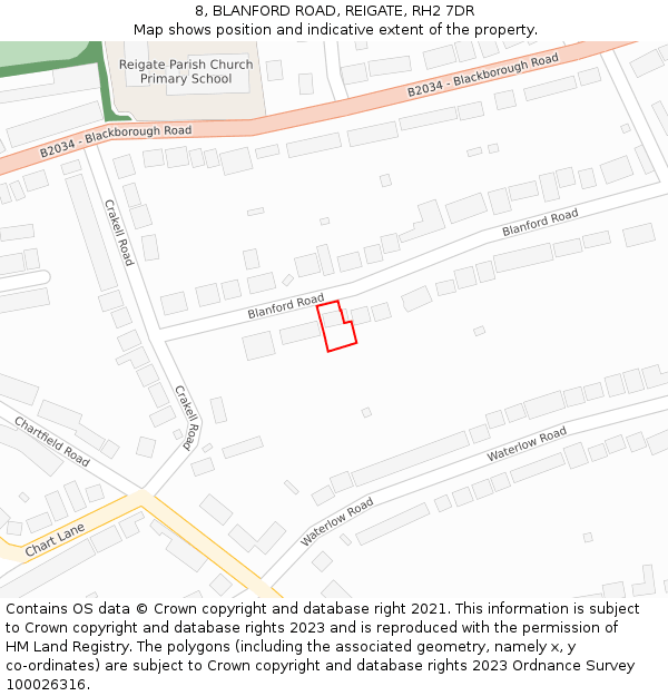 8, BLANFORD ROAD, REIGATE, RH2 7DR: Location map and indicative extent of plot