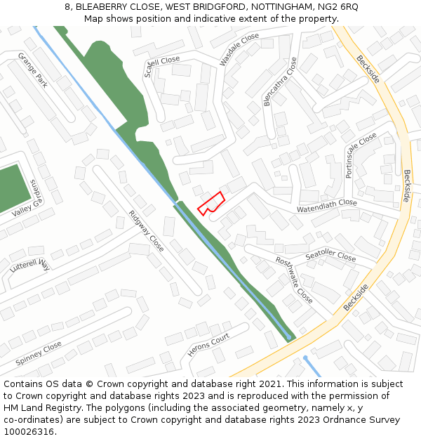 8, BLEABERRY CLOSE, WEST BRIDGFORD, NOTTINGHAM, NG2 6RQ: Location map and indicative extent of plot