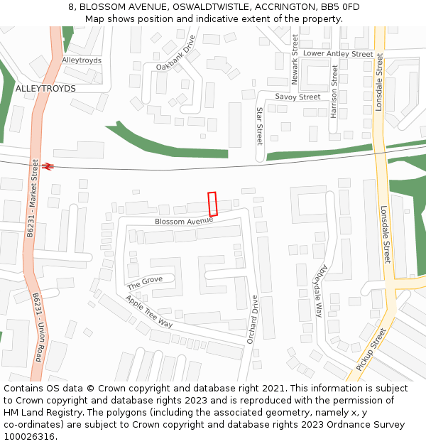 8, BLOSSOM AVENUE, OSWALDTWISTLE, ACCRINGTON, BB5 0FD: Location map and indicative extent of plot