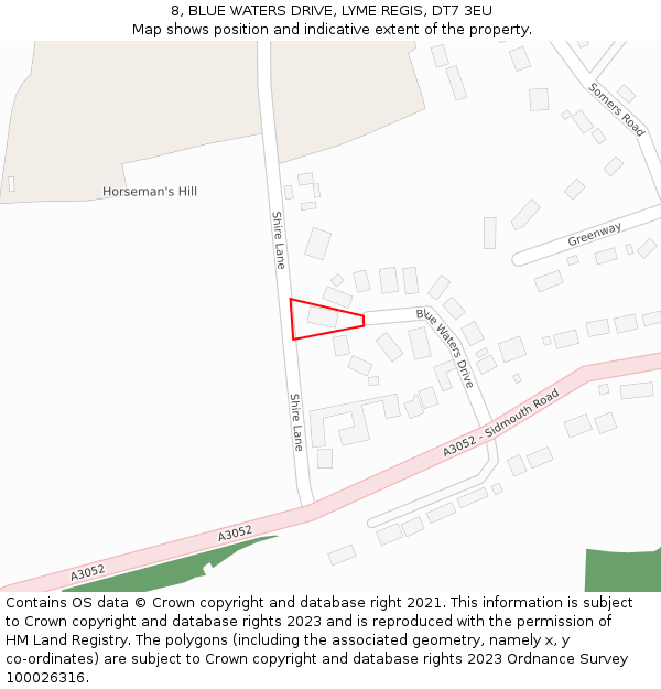 8, BLUE WATERS DRIVE, LYME REGIS, DT7 3EU: Location map and indicative extent of plot