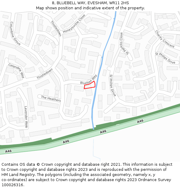 8, BLUEBELL WAY, EVESHAM, WR11 2HS: Location map and indicative extent of plot