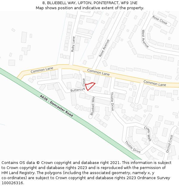 8, BLUEBELL WAY, UPTON, PONTEFRACT, WF9 1NE: Location map and indicative extent of plot