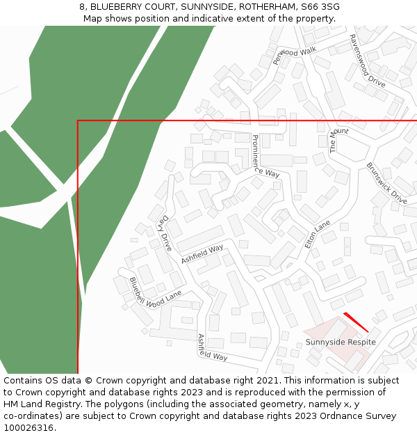 8, BLUEBERRY COURT, SUNNYSIDE, ROTHERHAM, S66 3SG: Location map and indicative extent of plot