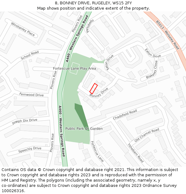 8, BONNEY DRIVE, RUGELEY, WS15 2FY: Location map and indicative extent of plot