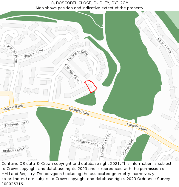 8, BOSCOBEL CLOSE, DUDLEY, DY1 2GA: Location map and indicative extent of plot