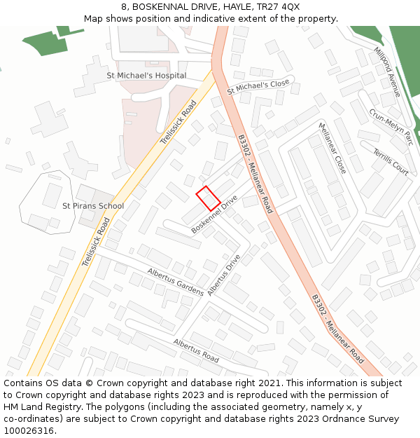 8, BOSKENNAL DRIVE, HAYLE, TR27 4QX: Location map and indicative extent of plot